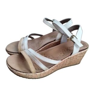 Skechers White and Tan Wedge Sandals with Adjustable Straps